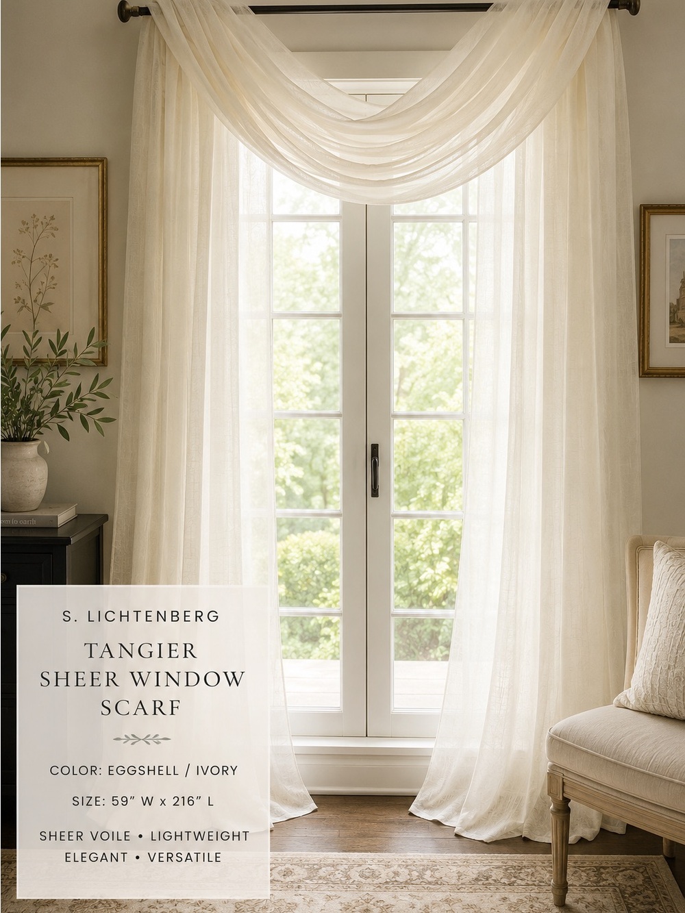 S. Lichtenberg Tangier Eggshell Sheer Window Scarf, 59” W x 216” L - NEW